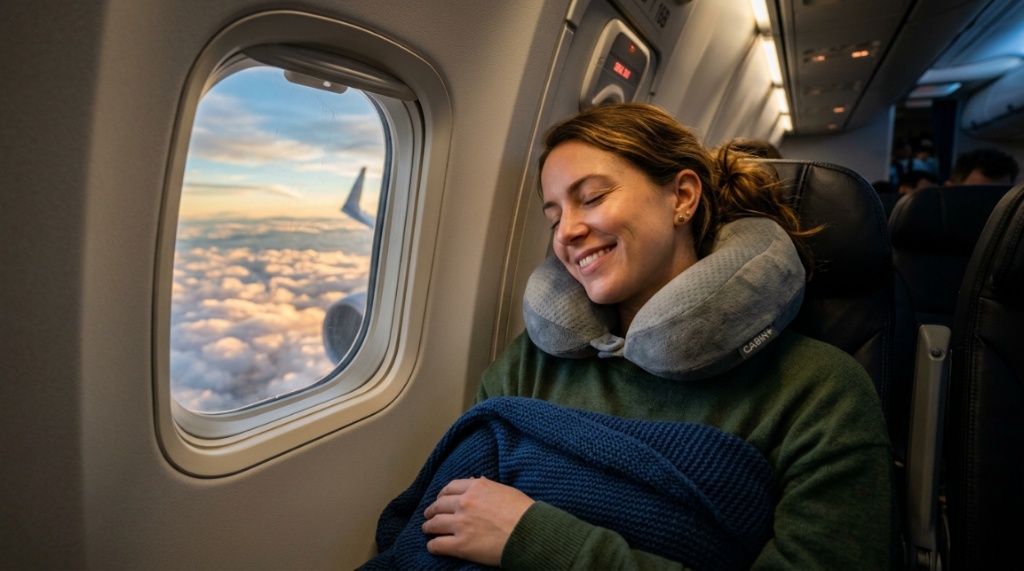 Passenger sleeping comfortably with a travel neck pillow on a flight.