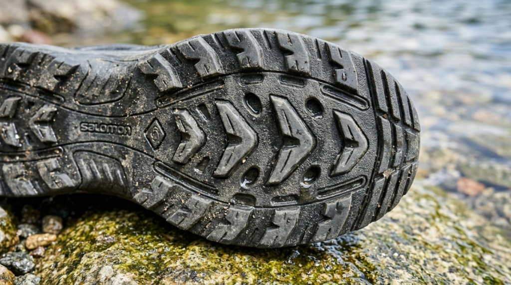 Close-up of rugged water shoes treading through a shallow, rocky stream.