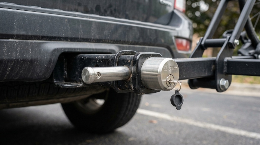 Close-up of a locking hitch pin securing a bicycle rack receiver.
