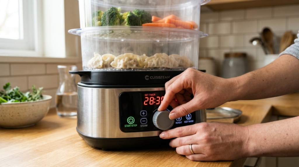 Hands adjusting the digital settings on an electric food steamer.