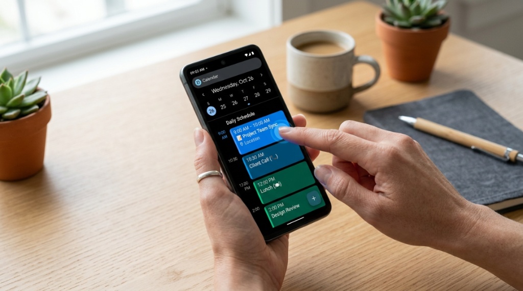 Person using a smartphone to check daily schedule notifications on a digital calendar.