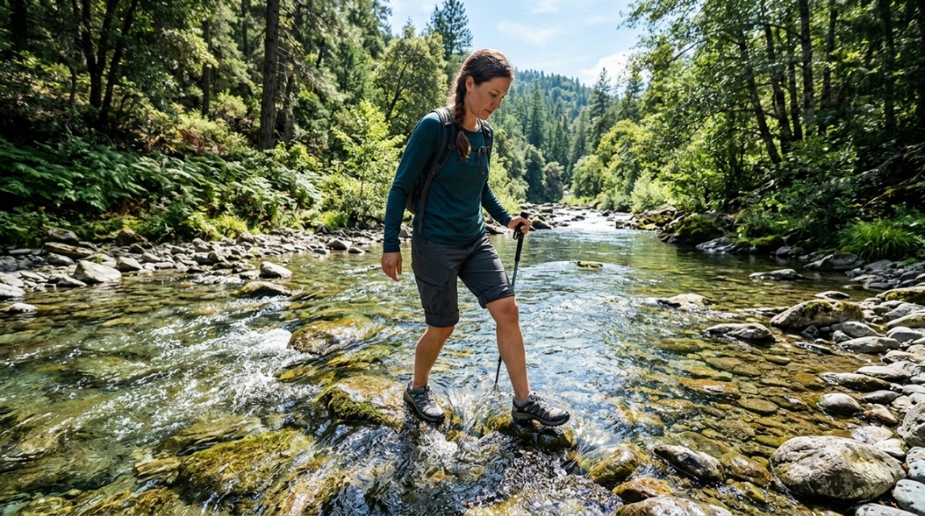 Person trying on durable water shoes by a rocky riverbank.