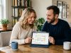 Couple collaborating on a digital tablet showing a shared family calendar app.