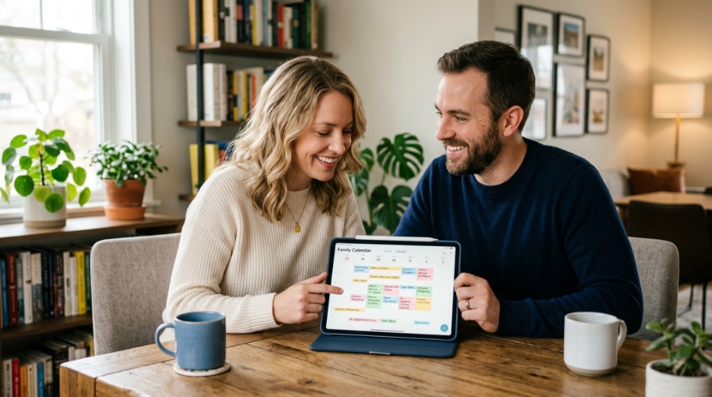 Couple collaborating on a digital tablet showing a shared family calendar app.