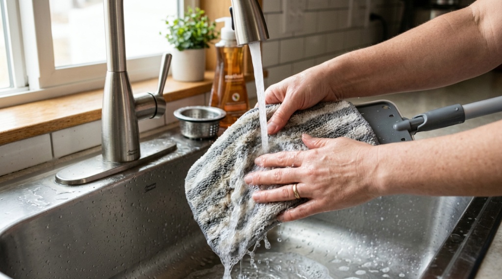 Close-up of a person attaching a microfiber Shark steam mop pad to the cleaning head.