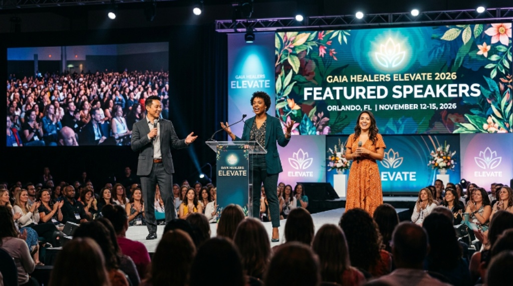 Featured speakers presenting on stage at the Gaia Healers Elevate 2026 conference in Orlando, November 2026