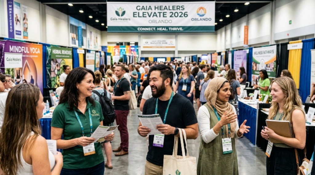Holistic health practitioners and attendees networking at the Gaia Healers Elevate 2026 expo floor in Orlando
