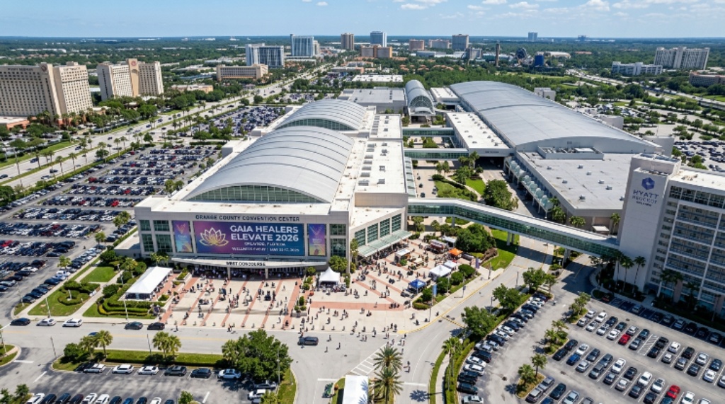 Aerial view of the Orange County Convention Center in Orlando, Florida, during the Gaia Healers Elevate 2026 wellness event