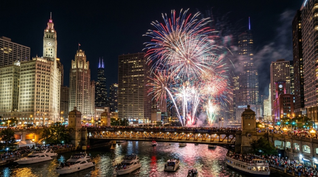 Fireworks bursting over the Chicago River near the DuSable Bridge at the Wintrust Fireworks Spectacular