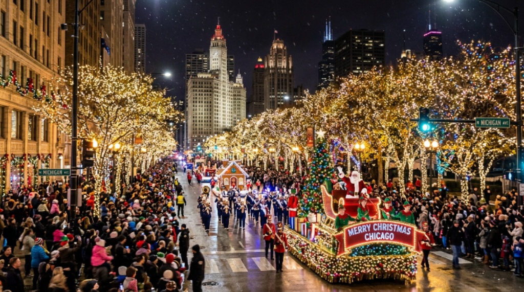 One million lights illuminating over 200 trees along North Michigan Avenue during the annual Chicago holiday parade