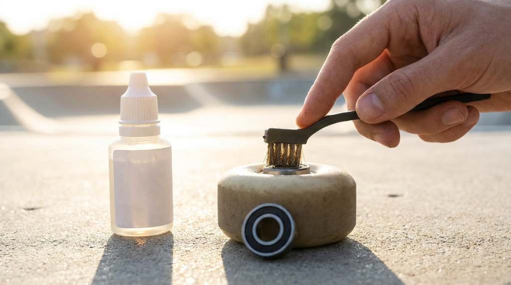 Skateboard wheels and safety gear prepared for an Austin ride
