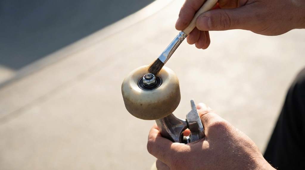 Skateboard wheels rolling across rough Austin pavement