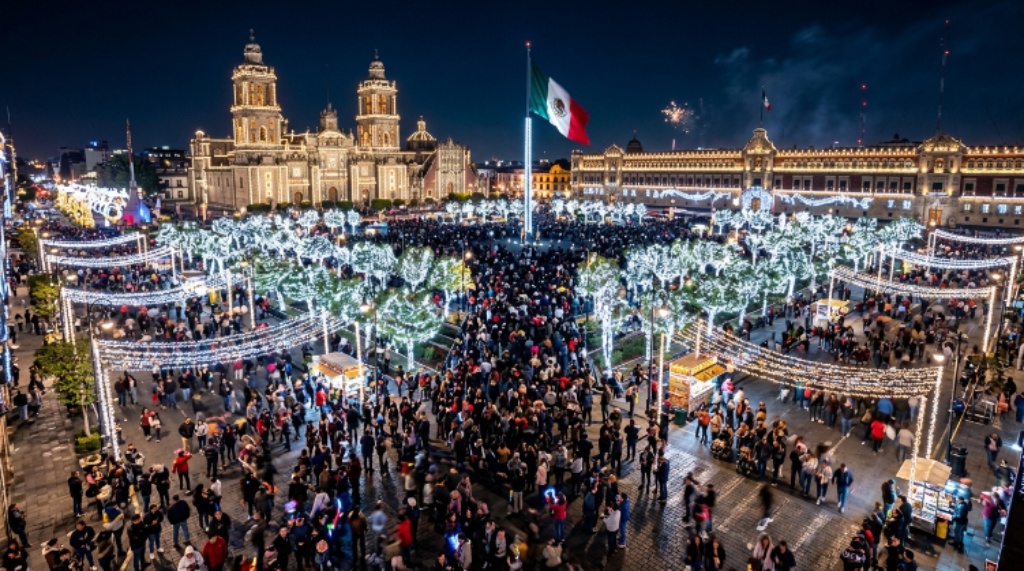 Plaza de la Constitucion glowing with white lights during Light-Up Night celebration