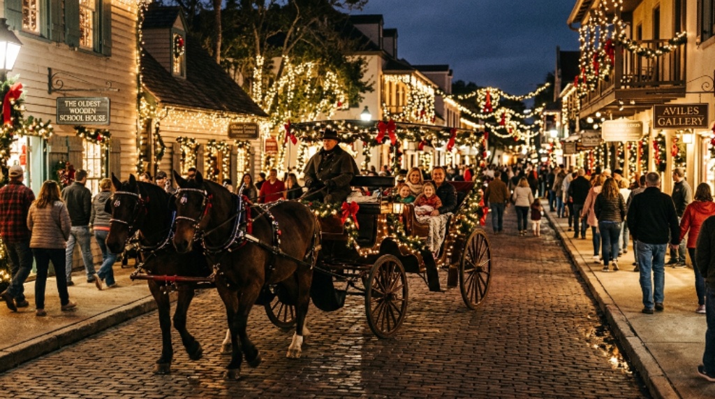 Horse-drawn carriage passing through lit-up St. George Street during the holiday season