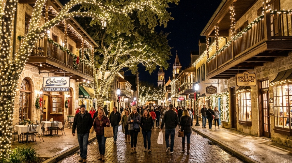 Historic downtown St. Augustine street covered in millions of white holiday lights at night