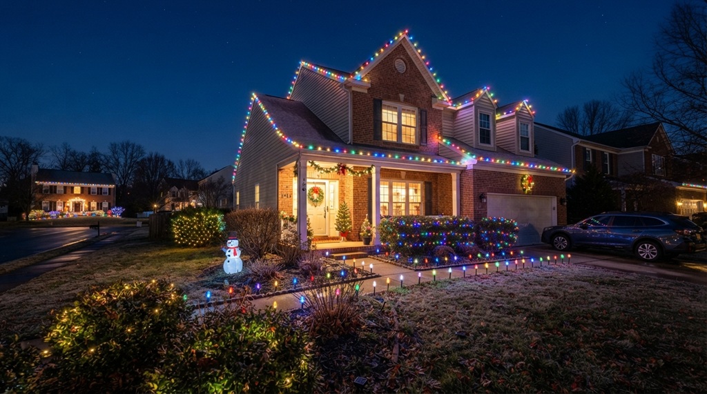 Suburban house decorated with affordable LED Christmas lights during winter evening.