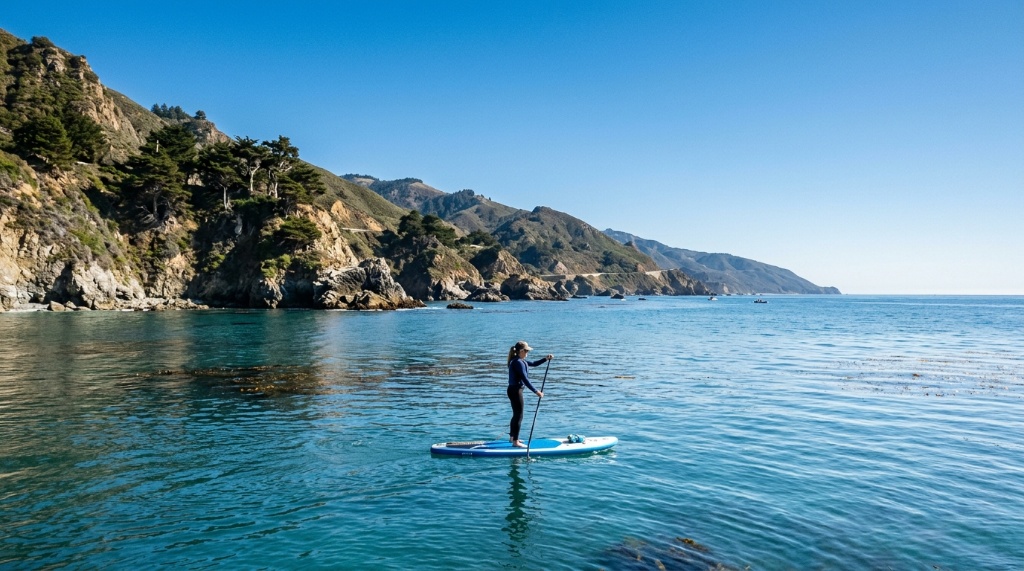 Paddler navigating choppy waves during a windy day on a California lake.