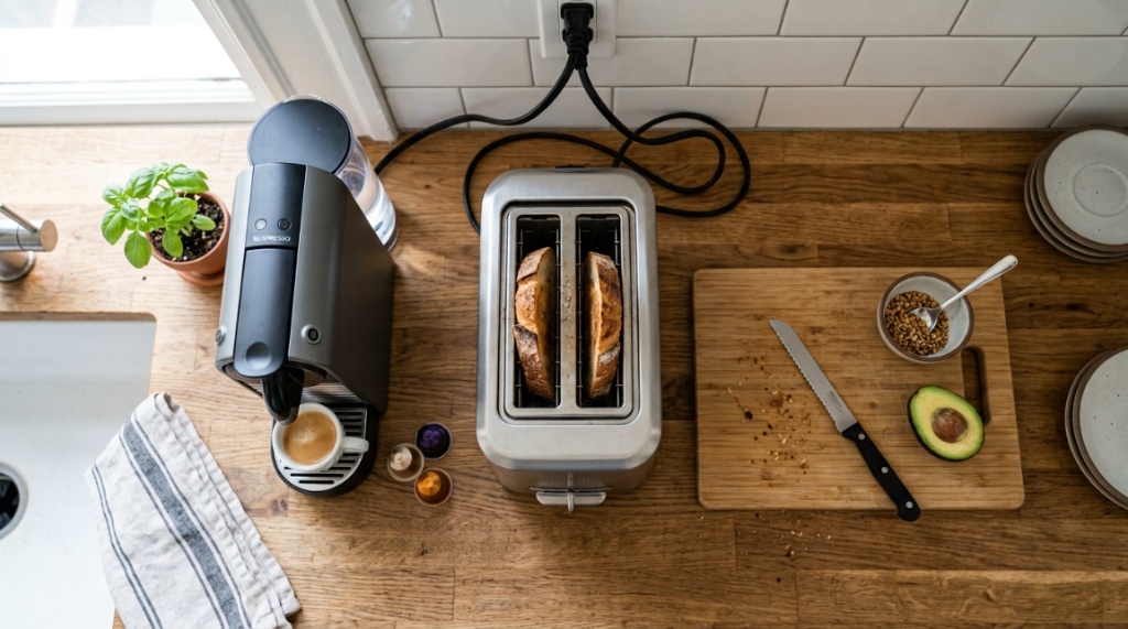 Compact narrow toaster on a small apartment kitchen counter.