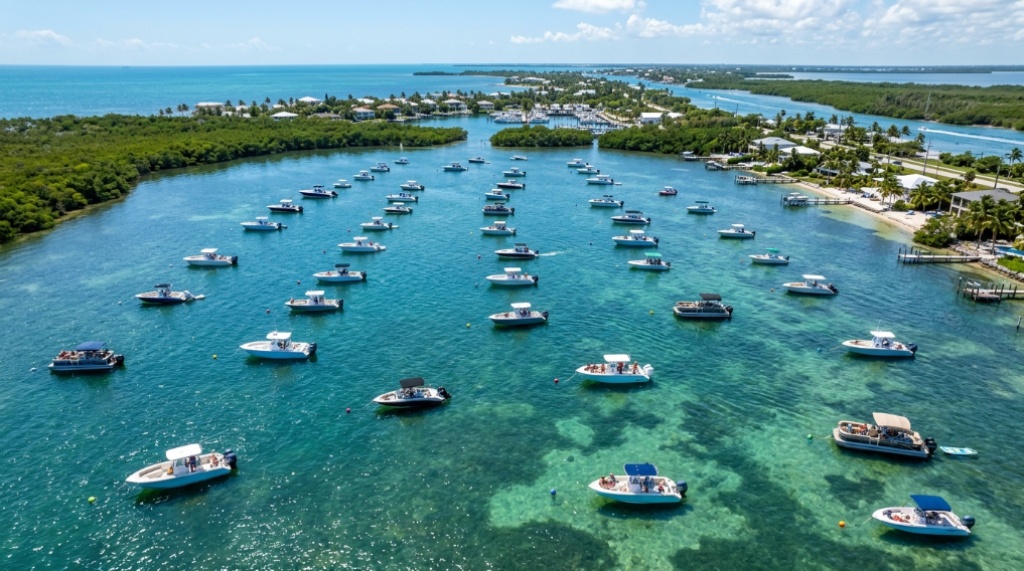 Recreational boats maintaining safe anchoring distances in a Florida bay.