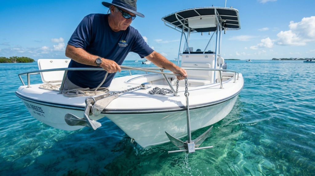Captain dropping boat anchor in clear Florida coastal waters.