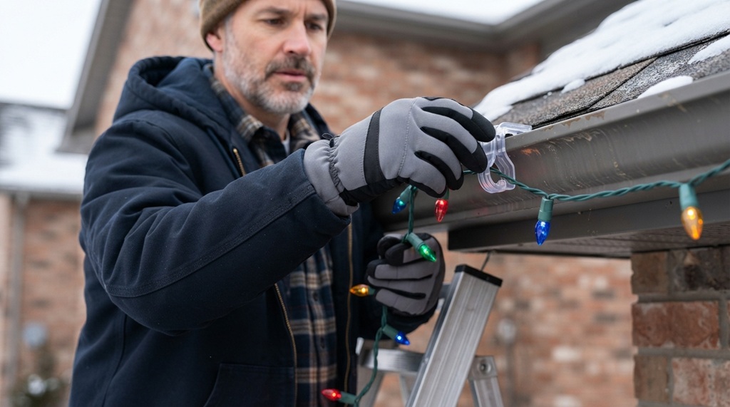 Man attaching outdoor holiday lights to roof gutter using plastic hanging clips.