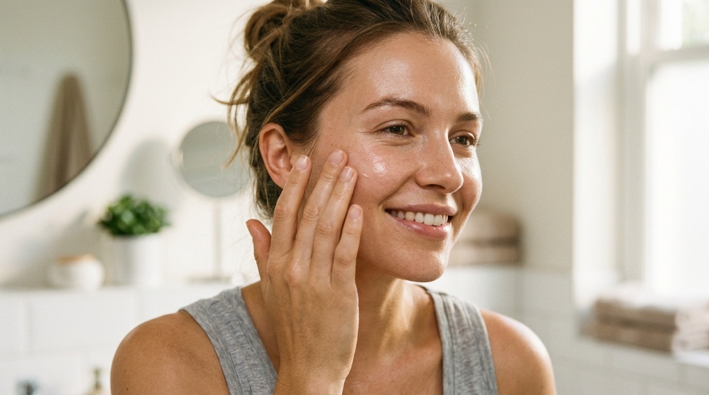 Woman gently applying glowing facial serum during her daily skincare routine.