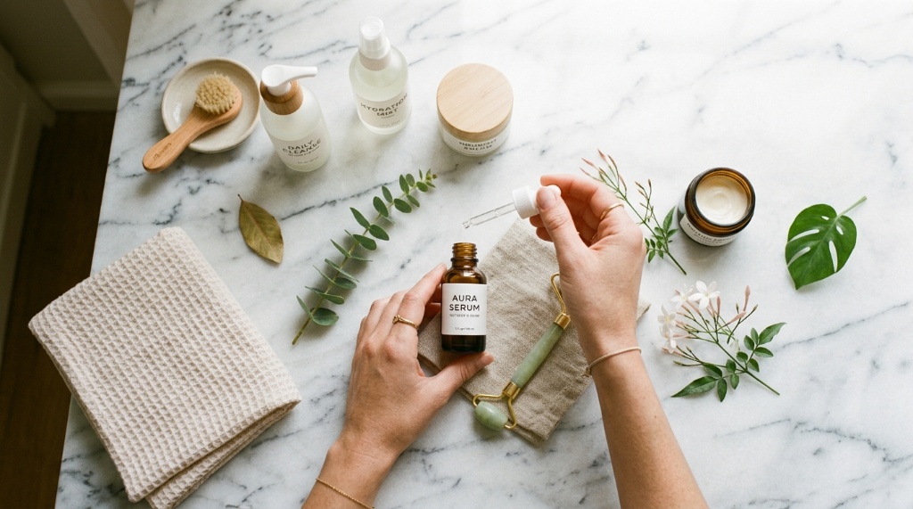 Person organizing minimalist skincare products on a marble vanity in natural morning light.