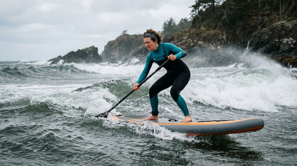 Paddleboarder gliding across calm coastal waters under a sunny California sky.