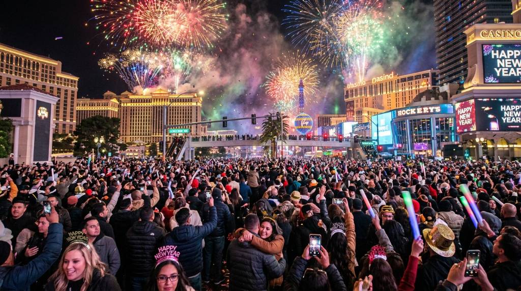 Crowds celebrating New Year's Eve on Las Vegas Boulevard with colorful fireworks overhead