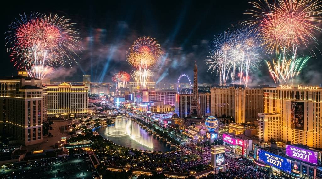 Las Vegas Strip fireworks lighting up the night sky on New Year's Eve 2026 into 2027