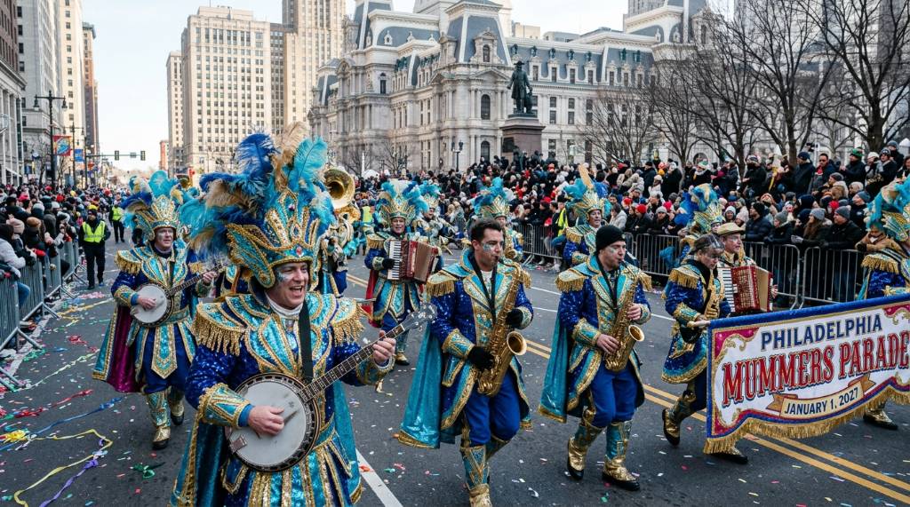 String Band division musicians playing banjos and saxophones during the Philadelphia Mummers Parade on January 1 2027