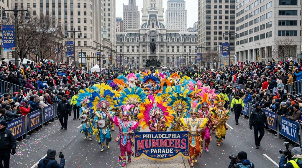 Colorful Mummers performers in feathered costumes marching along Broad Street in Philadelphia on New Year's Day 2027