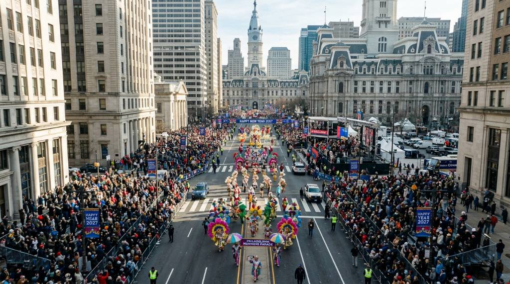 Aerial view of crowds lining Broad Street in Philadelphia to watch the Mummers Parade 2027 near City Hall