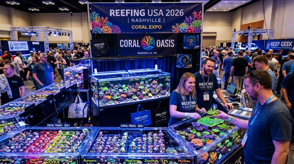 Reefing USA 2026 coral expo vendor booth in Nashville with colorful coral frags on display