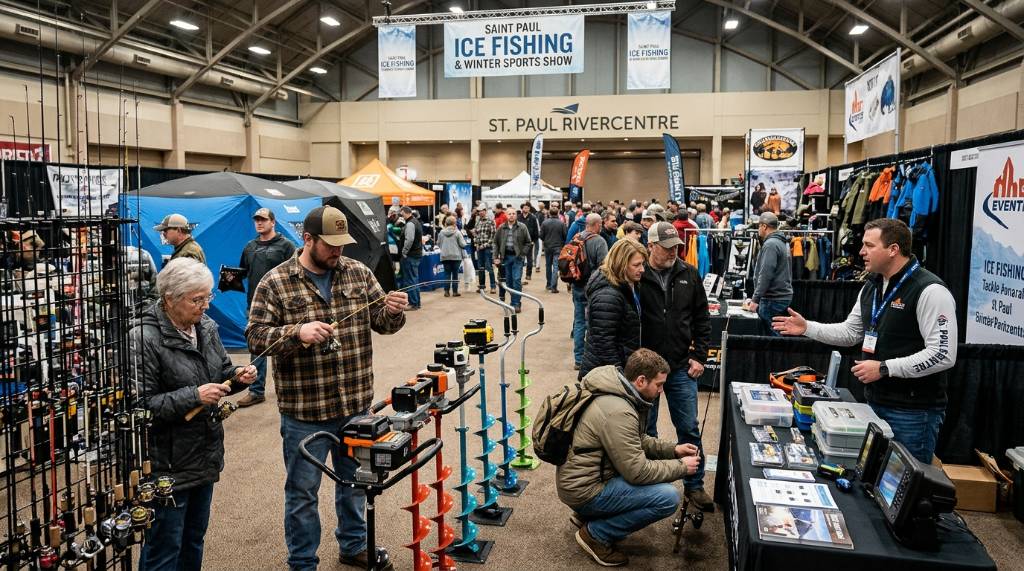 Visitors comparing ice fishing rods, augers and gear at the Saint Paul RiverCentre
