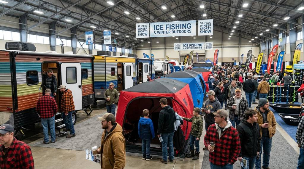Anglers browsing fish houses and ice shelters at the St. Paul winter sports show