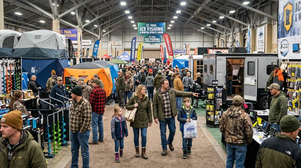Family walking through exhibits at the December ice fishing show in downtown St. Paul